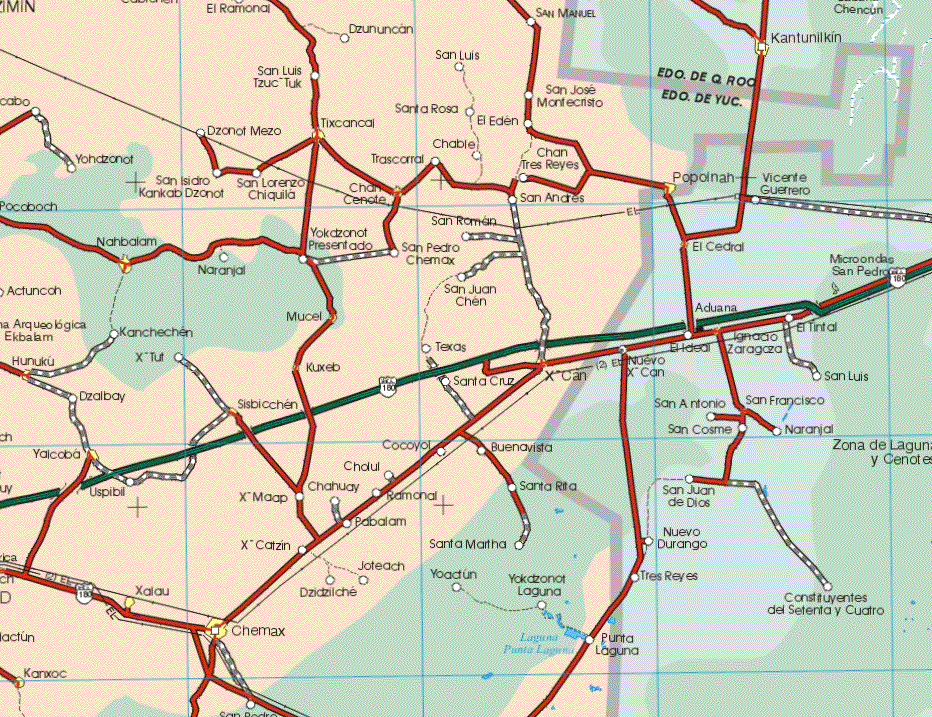 This map shows the major cities (ciudades) of Tixcancal, Chan Cenote, Popolnah, Nahbalam, Mucel, Hunuku, Kuxeb, Xcan, Sibicchen, Yalcaba, Xalau, Chemax, Kanxoc. The map also shows the towns (pueblos) of El Ramonal, Dzununcan, San Manuel, san Luis Tzuc Tuk, San Luis, San Jose Montecristo, Santa Rosa, El Eden, Dzonot Mezo, Chable, Yohatzonot, San Isidro Kankab Dzonot, San Lorenzo Chiquila, Trascarral, Chan Tres Reyes, San Andres, San Roman, Yokatzonot Presentado, Naranjal, San Pedro Chemox, Actuncah, San Juan Chen, Kanchechen, Xtut, Texas, Santa Cruz, Dzalbay, Cocoyol, Buenavista, Cholul, Uspibil, Chahuail, Ramonal, X maap, X Catzin, Pabalam, joteach, Dzidzilche.