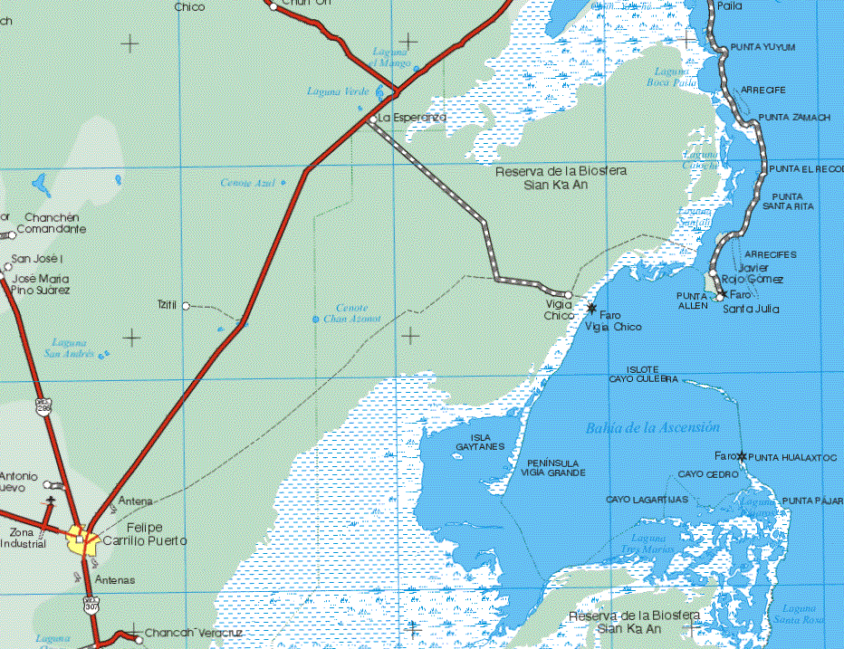 This map shows the major cities (ciudades) of Felipe Carrillo Puerto and Bahia de Ascencion. The map also shows the towns (pueblos) of La Esperanza, Vigia Chico, Chancen Caomandante, San Jose, Jose Maria Pino Suarez, Antonio Nuevo, Javier Rojo Gomez, Punta Allen, Chancon Veracruz.