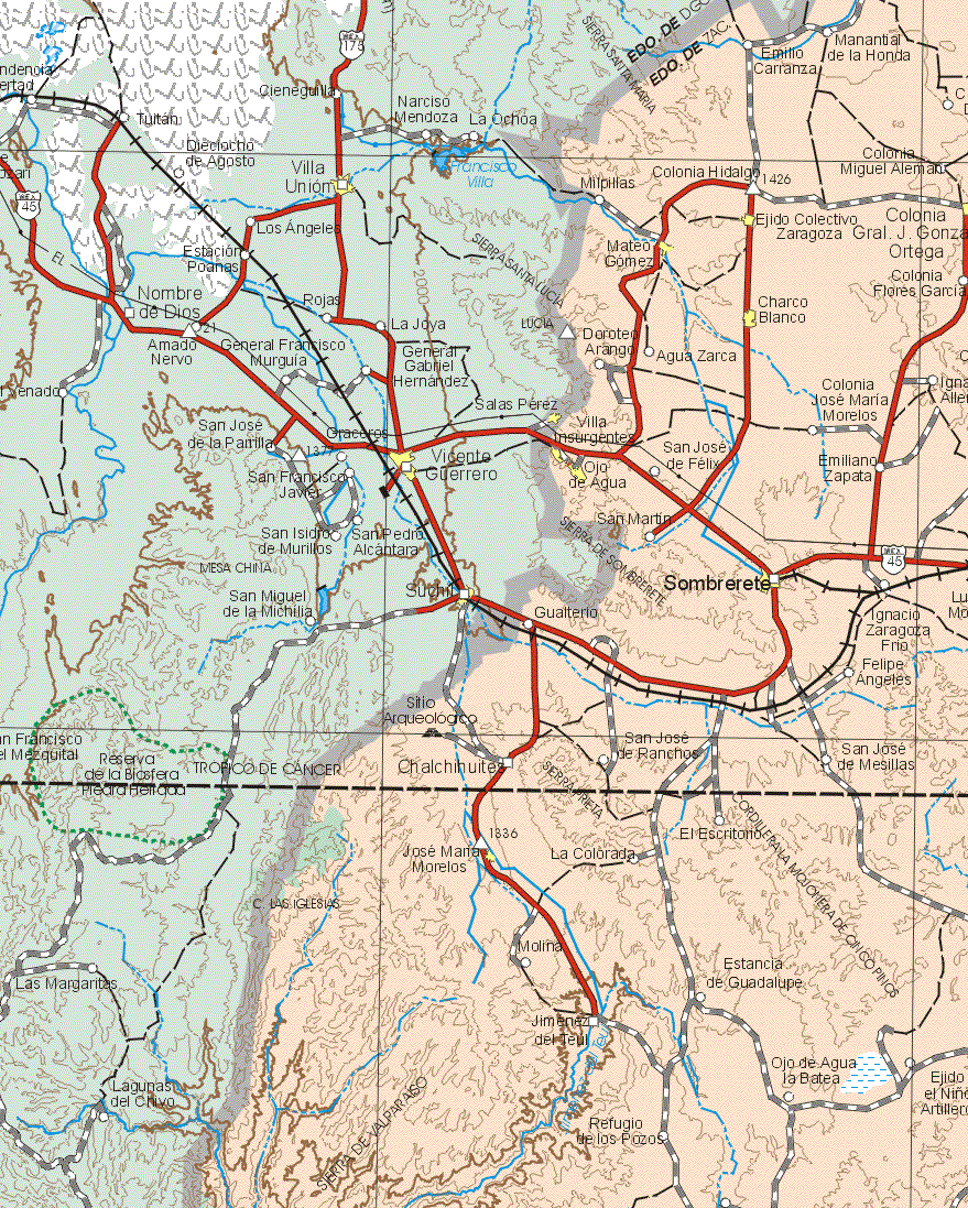 This map shows the major cities (ciudades) of Ejido Colectivo Zaragoza, Colonia Gral. J. González Ortega, Mateo Gómez, Mateo Gómez, charco Blanco, Villa insurgentes, Ojo de Agua, Sombrete, José Maria Morelos.The map also shows the towns (pueblos) of Emilio Carranza, Manantial de la Honda, Milpillas, Colonia Hidalgo, Colonia Miguel Alemán, Colonia Flores García, Doroteo Arango, Agua Zarca, Ignacio Allende, Colonia José Maria Morelos, San José de Félix, Emiliano Zapata, San Martín, Gualterlo, Ignacio Zaragoza Frío, Felipe Angeles, San José de Ranchos, Chalchihuites, San José de Mesillas, El Escritorio, La Colorada, Molina, Estancia de Guadalupe, Jiménez de Teul, Ojo de Agua la Batea, Ejido del Niño Artilleco, Refugio de los Pozos.