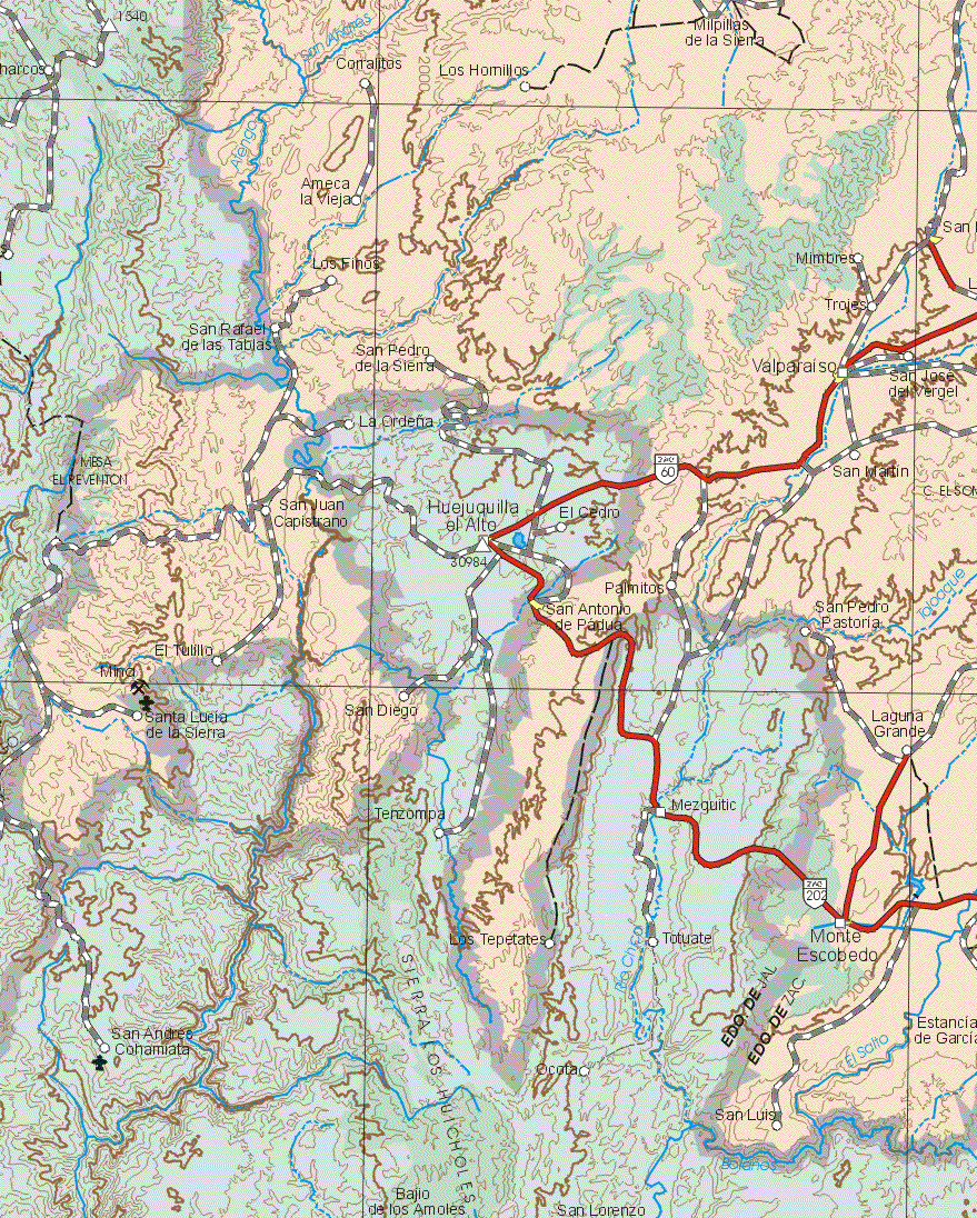 This map shows the major cities (ciudades) of Valparaíso, San Antonio de Padua.The map also shows the towns (pueblos) of Corralitos, Los Hornillos, Milpillas de la Sierra, Ameca la Vieja, Los Finos, Mimbres, San Rafael de las Tablas, San Pedro de la Sierra, Trojes, San José del Vergel, San Martín, San Juan Capistrano, El Tulillo, Santa Lucia de la Sierra, San Diego, Palmitos, San Pedro Pastoria, Tepetates, Laguna grande, Monte Escobedo, Estancia de Garcia.