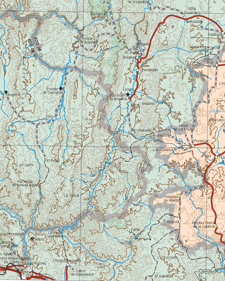 This map shows the major cities (ciudades) of Florencia, Milpillas de Allende, Trinidad García de la Cadena, Teinga.The map also shows the towns (pueblos) of Atola, Chacuiloc, Mesa de los Rayos, Potrerillos, Los Campos, Huitzila.