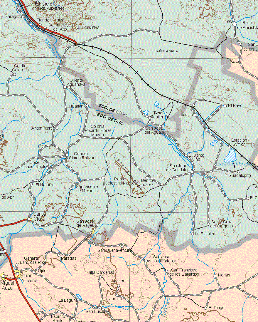 This map shows the major cities (ciudades) of Juan Aldama, Miguel Azueta.The map also shows the towns (pueblos) of San Juan de los Charcos, San Buenaventura, Paradas, General Juan José Ríos, San José de los Morteros, Ojitos, Villa Cárdenas, San Francisco de los Gallardos, Norias, Abaseo, La Laguna, Jaralillo, Espíritu Santo, San Lucas, El Tánger.