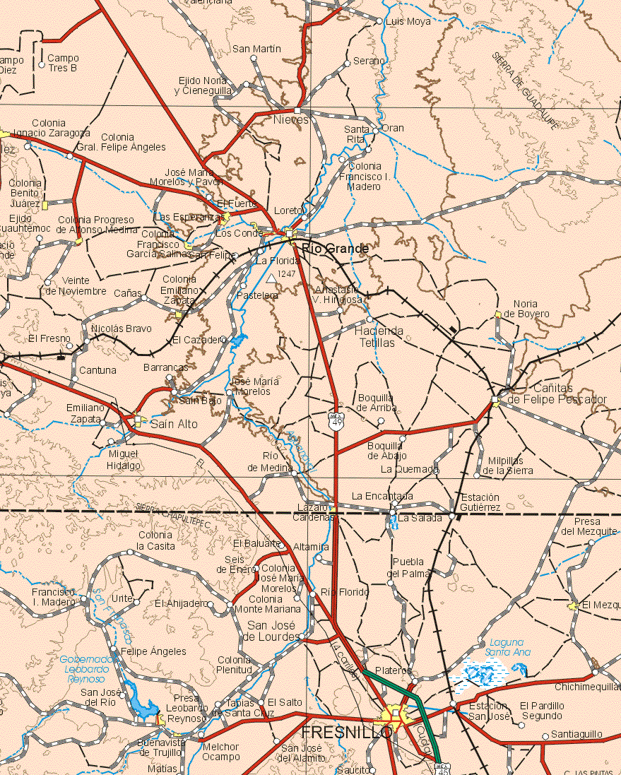 This map shows the major cities (ciudades) of Colonia Benito Juárez, La Esperanza, Colonia Progreso de Alfonso Medina, Las Esperanzas, Francisco García Salinas, Río Grande, Colonia Emiliano Zapata, Noria de Boyero, San Alto, Cañitas de Felipe Pescador, Lázaro Cárdenas, El Mezquite, Chichimequilla, Presa Leobardo Reynosa, Fresnillo, Buenavista de Trujillo.The map also shows the towns (pueblos) of Campo Tres B, Ejido Noria y Cieneguilla, San Martín, Serrano, Luis Moya, Colonia Ignacio Zaragoza, Colonia Gral. Felipe Angeles, Nieves, Santa rita, Oran, José Maria Morelos y Pavón, Colonia Francisco I. Madero, El Fuerte, Loreto, Ejido Cuauhtemoc, San Felipe, La Florida, Veinte de Noviembre, Cañas, Pastelera, Anastasia V. Hirogosa,  Nicolás Bravo, El Fresno, El Cazadero, Hacienda Tetillas, Cantuna, Barrancas, José Maria Morelos, San Beto, Emiliano Zapata, Boquilla de Arriba, Miguel Hidalgo, Río de Medina , Boquilla de Abajo, Milpilla de la Sierra, La Quemada, La Encantada, Estación Gutiérrez, La Salada, Presa de Mezquite, Colonia la Casita, El Baluarte, Altamira, Puebla de Palma, Seis de Enero Colonia José Maria Morelos, Río Florido, Francisco I. Madero, Urite, El Ahijadero, Colonia Monte Mariana, San José de Lourdes, Felipe Angeles, Colonia Plenitud, Plateros, San José del Río, Tablas Santa Cruz, El Salto, Estación San José, El Pardillo Segundo, Melchor Ocampo, Matías, San José del Alamito, Saucito , Santiaguillo.