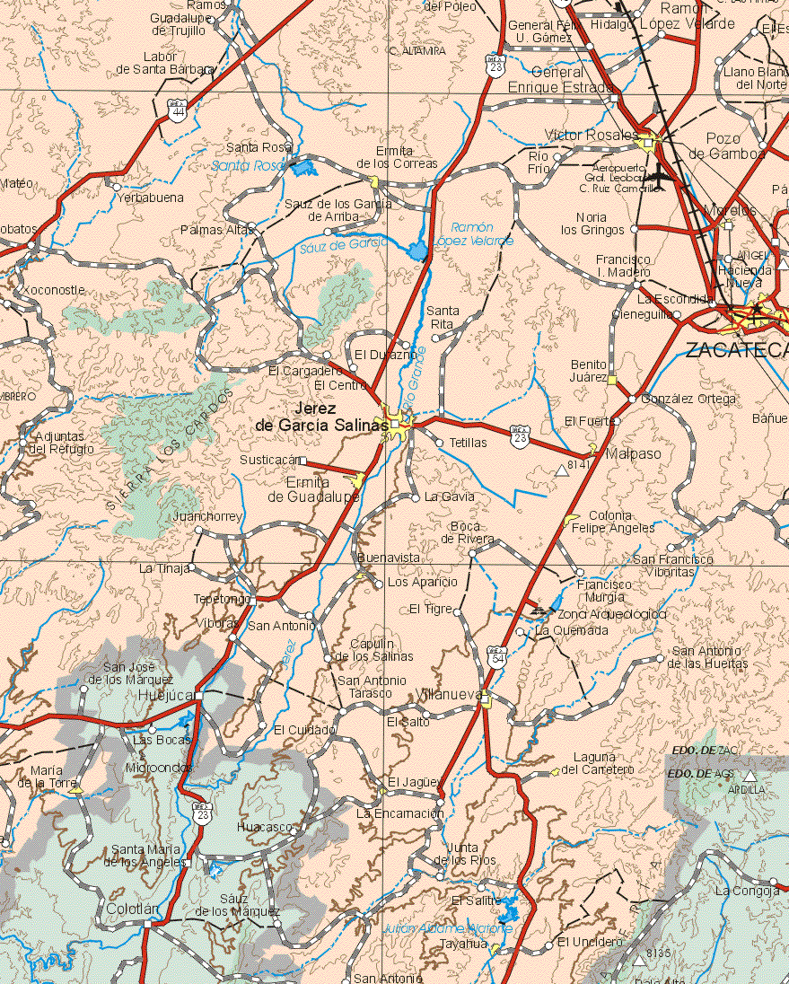 This map shows the major cities (ciudades) of Ermita de los Correas, Víctor Rosales, Morelos, Benito Juárez, Zacatecas, Jerez de García Salinas, Malpaso, Ermita de Guadalupe, Colonia Felipe Angeles, Buenavista, Maria de la Torre, Villanueva, Laguna del Carretero, El Jaguey, Tayahua.The map also shows the towns (pueblos) of Ramos, Guadalupe de Trujillo, Gral. Félix, U. Gómez, Hidalgo, Ramón López Velarde, Labor de Santa Bárbara, Gral. Enrique Estrada, Llano Blanco del Norte, Santa Rosa, Río Frío, Pozo de Gamboa, Hierbabuena, Palmas Altas, Sauz de los Garcías de Arriba, Noria de los Gringos, Xoconostle, Francisco I. Madero, Angel Hacienda Nueva, La Escondida, Cieneguilla, Santa Rita, El Durazno, El Cargadero, El Centro, González Ortega, Las Adjuntas del Refugio, El Fuerte, Tetillas, Susticacan, La Gavia, Juanchorrey, Boca de Rivera, La Tinaja, San Francisco Viboritas, Los Aparicio, Tepetongo, El Tigre, Viboras, San Antonio, La Quemada, Capulín de los Salinas, San José de los Márquez, San Antonio Tarasco, El Salto, El Cuidado, San Antonio de la Huertas, La Encarnación, Junta de los Ríos, El Salitre, Uncidero, San Antonio.