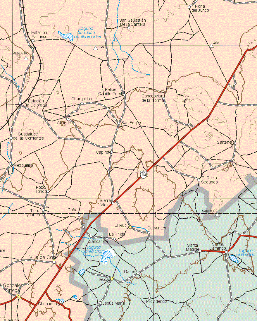 This map shows the major cities (ciudades) of El Rucio, Villa de Cos, González Ortega.The map also shows the towns (pueblos) of Noria del Junco, San Sebastián de la Cantera, Estación Pacheco, Estación la Colorada, Charquillos, Felipe Carrillo Puerto, Concepción de la Norma, Allende, San Felipe, Guadalupe de las Corrientes, Sarteneja, Capirote, Mezquitillo, El Rucio Segundo, Pozo Hondo, Tierra y Libertad, Cañas, Sierra Vieja, Cervantes, La Prieta, Chupaderos.