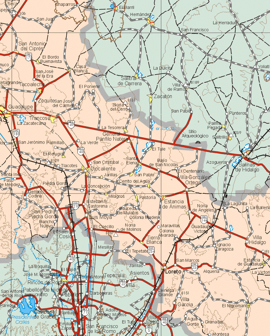 This map shows the major cities (ciudades) of San Antonio del Cipres, El Bordo Buenavista, Casa Blanca, Tacoaleche, Guadalupe, Trancoso, La Tesorera, San Jerónimo de Palmillas, General Pánfilo Natera, El Refugio, Santa Elena, Ojo Caliente, Jarillass, San Pablo, Villa González Ortega, Cerrito de Agua, Milagros, Pastoria, Estancia de Animas, Noria de Angeles, Luis Moya, Villa Hidalgo, Tierra Blanca, Loreto, Estancia de Guadalupe, El Nigromante.The map also shows the towns (pueblos) of Laguna Seca, El Espejo, Chaparros, San Juan, San José de la Era,  Panuco, Veta Grande, El Porvenir, Zoquitesan José del Carmen, Noria del Cerro, La Zacatecana, La Verde, San Cristóbal, Bajío de San Nicolás, Tlacotes, El Centenario, Santa Inés, Paso de Méndez, Piedra Gorda, La Concepción, La Lagunita, La Ballena, Genaro Codina, Esteban Castonera, San Pedro gordo, Rancho Nuevo, Saucedo de Mulatos, Colonia Madero, El Coecillo, Noria de Molinos, Maravillas, Guadalupe Victoria, Colonia Alvarado, Ignacio Zaragoza, El Tepetate, San Marcos, Alquería, La Victoria, Villa García, Agua Gorda, Granadas, Montesa.