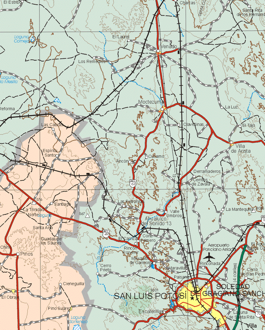 This map shows the major cities (ciudades) of El Obraje, Pino Suárez.The map also shows the towns (pueblos) of Las Cabras, Espíritu Santo, La Trinidad Norte, Santiago, Santa Ana, Guadalupe los Sauces, Chino, Pinos, Cieneguilla.